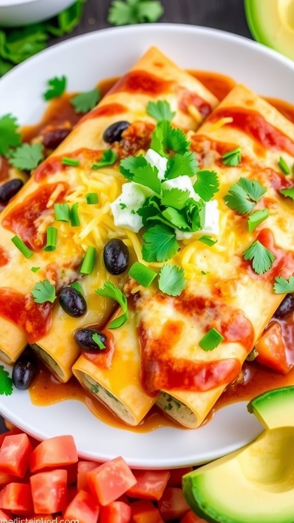 Cheesy spinach and black bean enchiladas topped with sauce and cheese, garnished with cilantro.